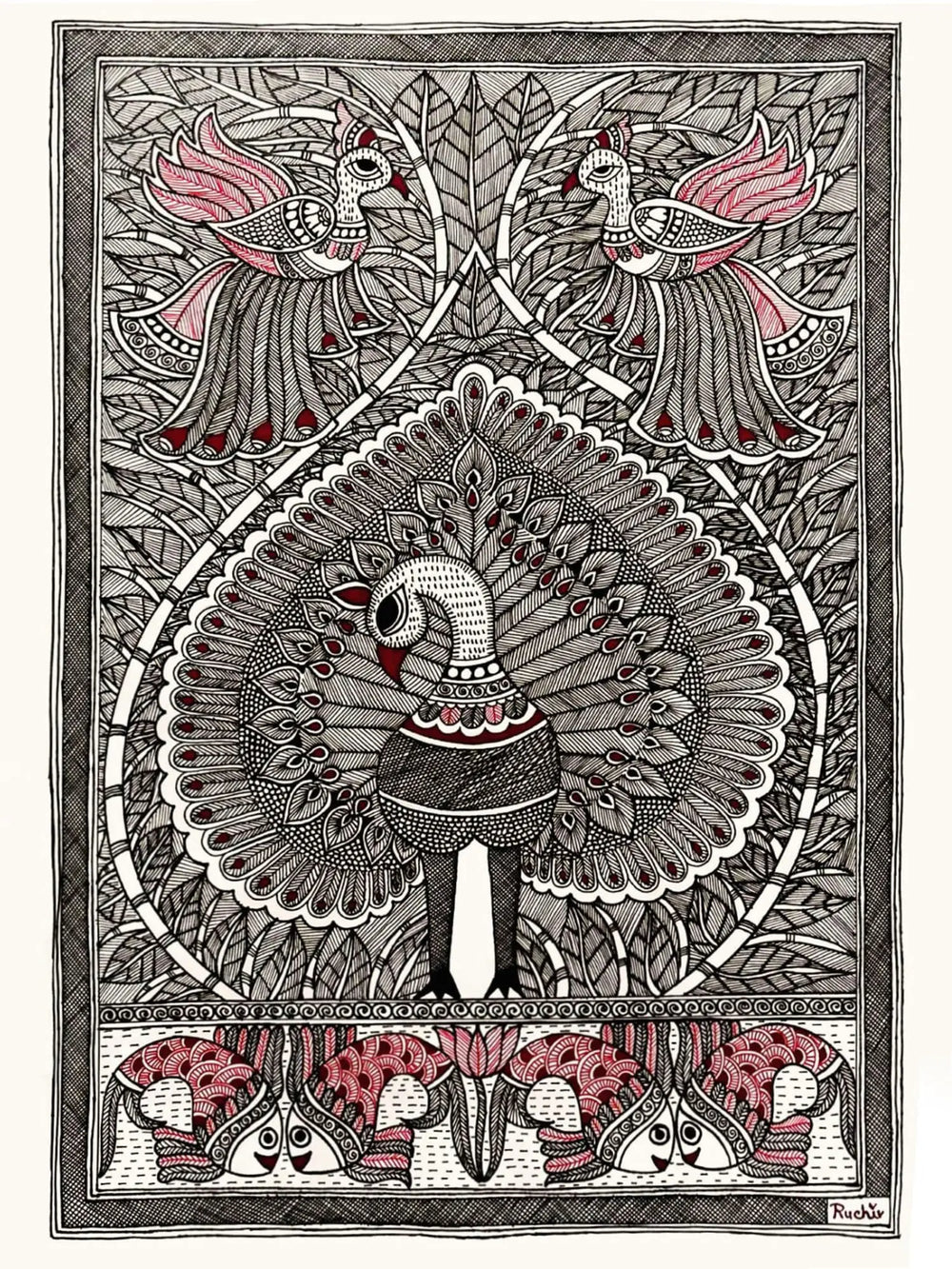 The Combination of Majestic Mayura and Matsya Raas | Madhubani Painting on Paper | By Ruchi Gupta