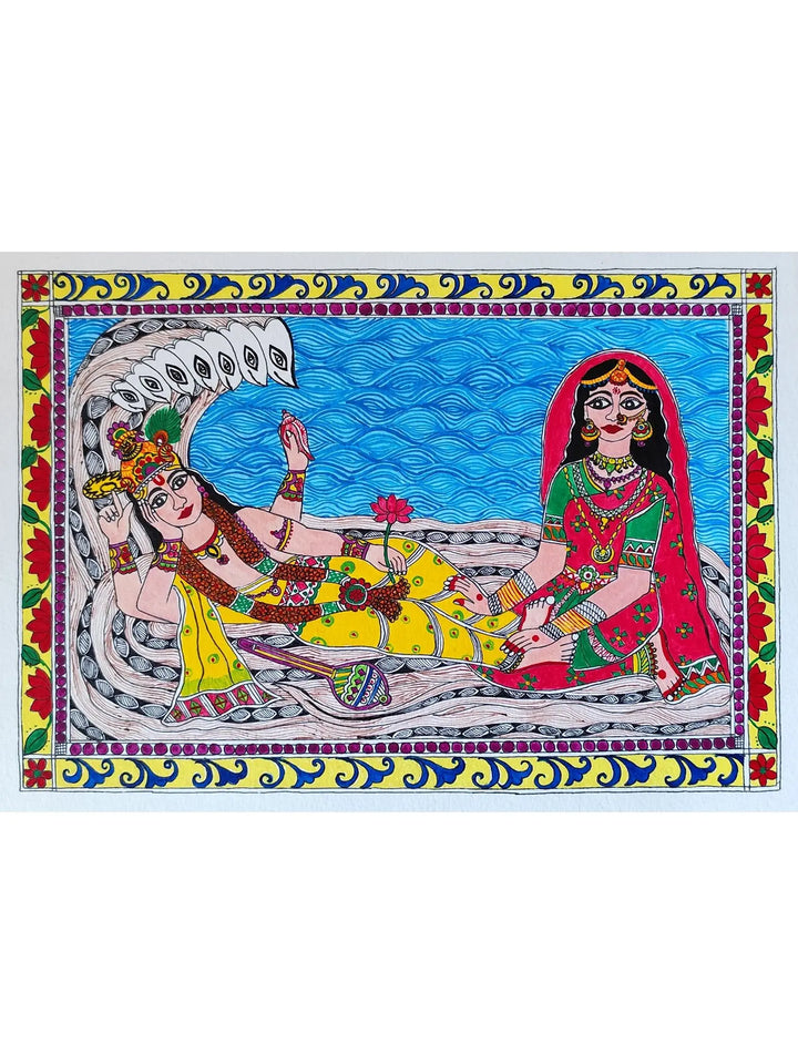 Lakshmi Narayana on Sheshnag Folk Madhubani Painting on Cold Pressed Paper · view 1