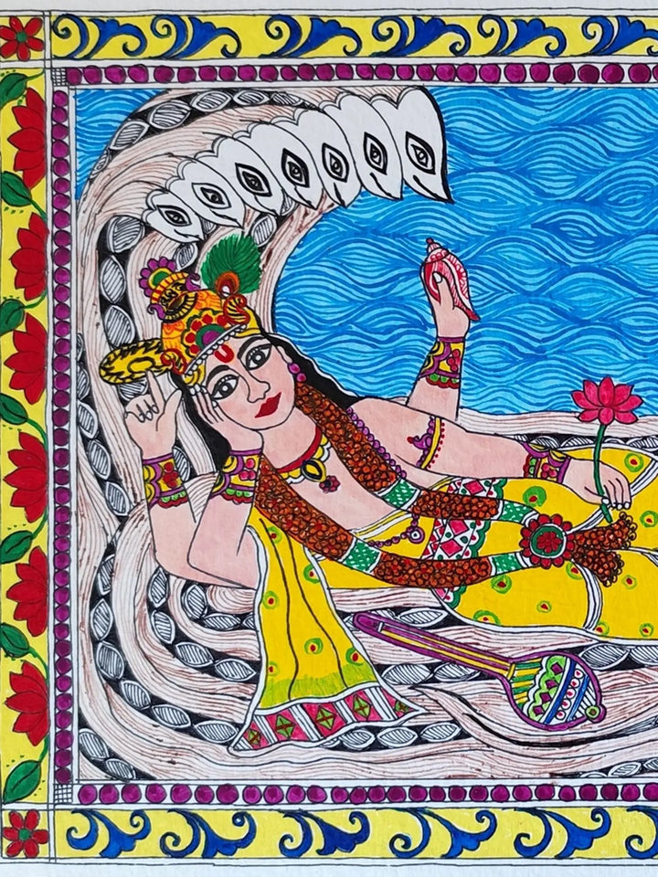 Lakshmi Narayana on Sheshnag Folk Madhubani Painting on Cold Pressed Paper · view 2