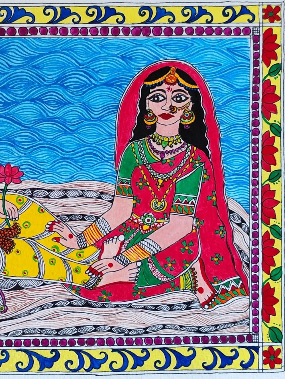 Lakshmi Narayana on Sheshnag Madhubani Folk Art Painting | Acrylic Color on Cold Pressed Paper | By Nishu Singh