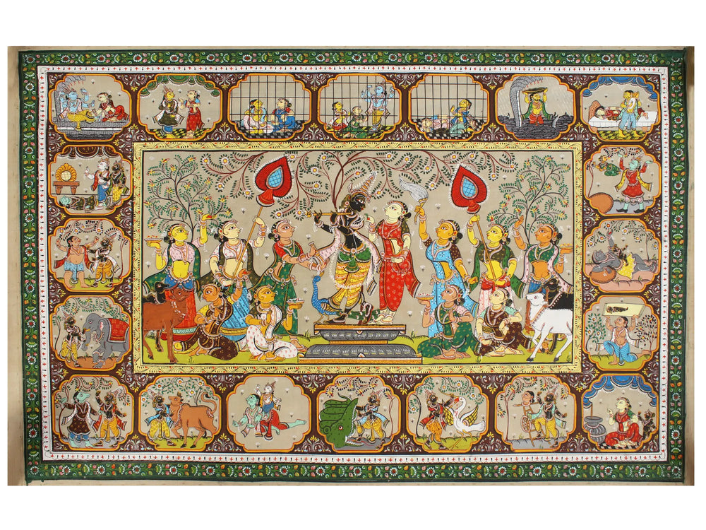 Krishna and Gopis With Krishna Leela In Frame | Patta Painting | Odisha Art