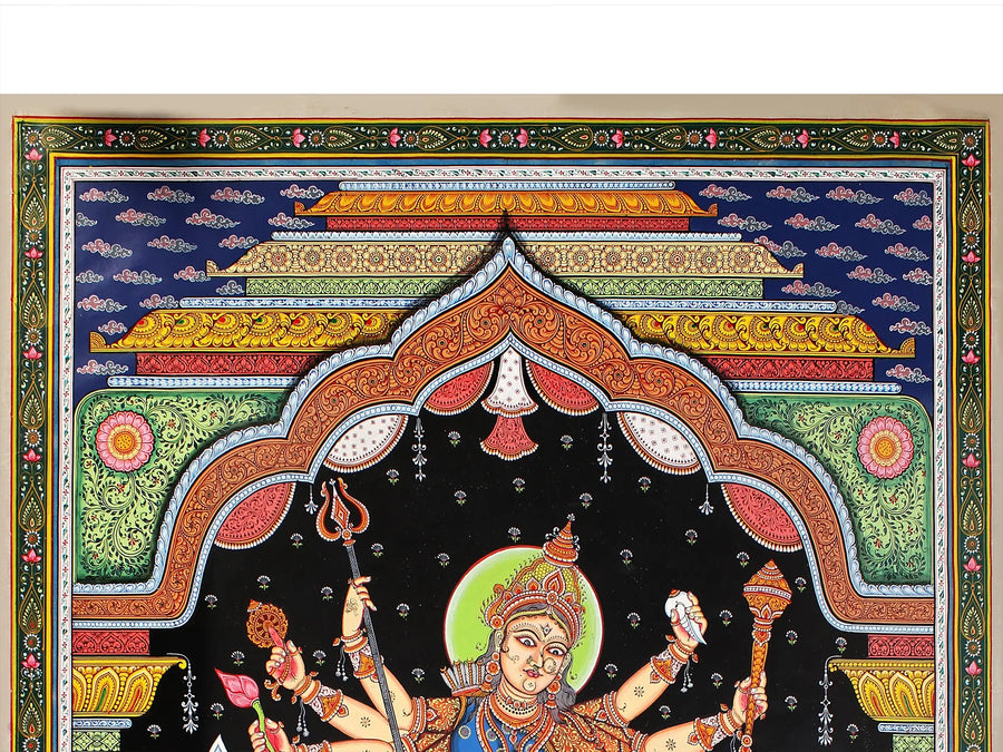 Maa Durga Killing Mahishasura Painting on Tussar Silk