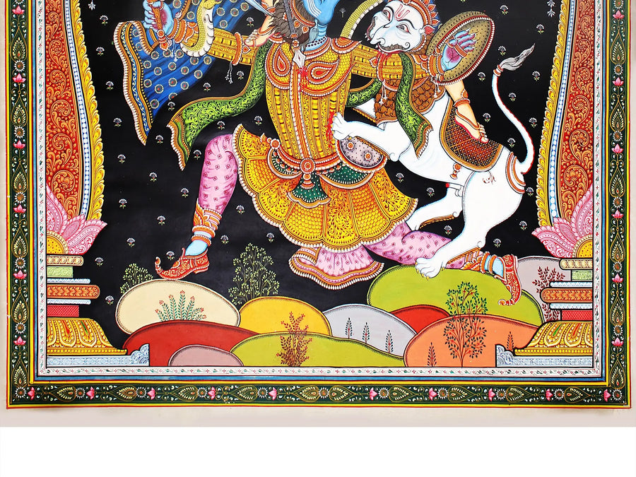 Maa Durga Killing Mahishasura Painting on Tussar Silk