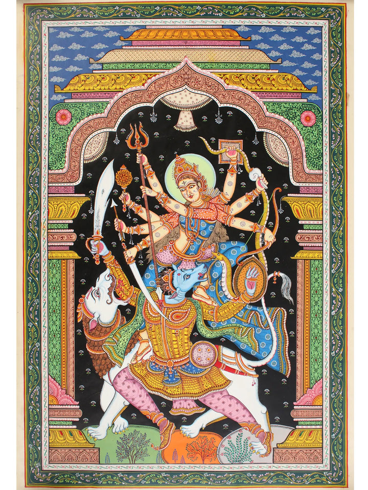 Superfine Fierce Goddess Durga Killing Mahishasura with Lion Painting on Tussar Silk · view 1