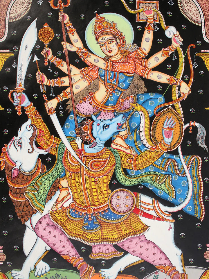 Superfine Fierce Goddess Durga Killing Mahishasura with Lion Painting on Tussar Silk · view 2