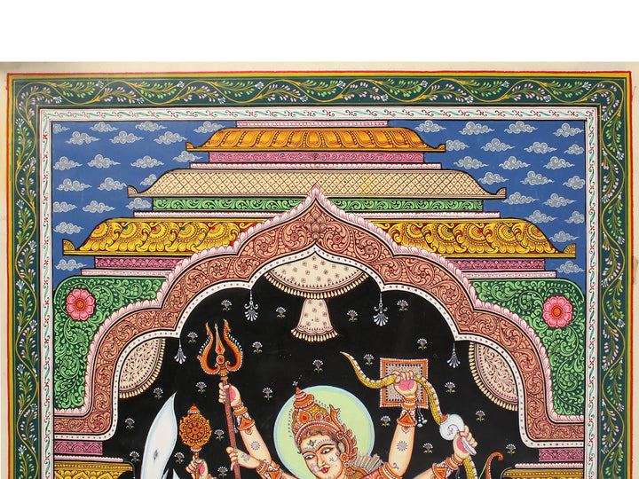 Superfine Fierce Goddess Durga Killing Mahishasura with Lion Painting on Tussar Silk · view 3
