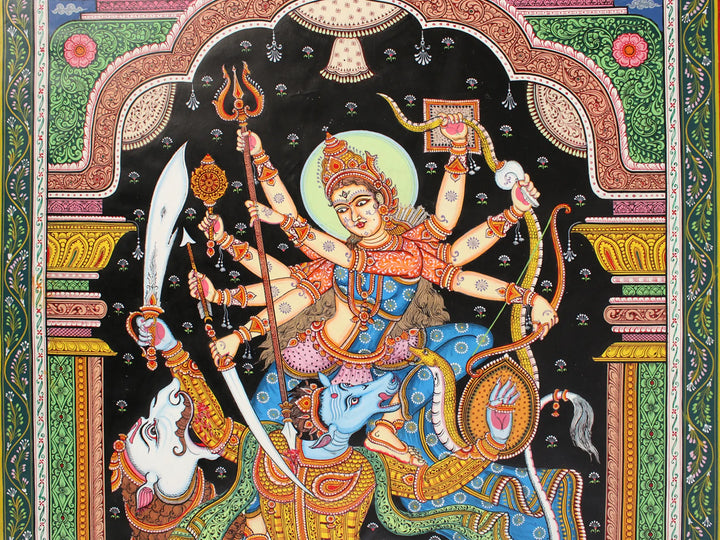 Superfine Fierce Goddess Durga Killing Mahishasura with Lion Painting on Tussar Silk · view 4