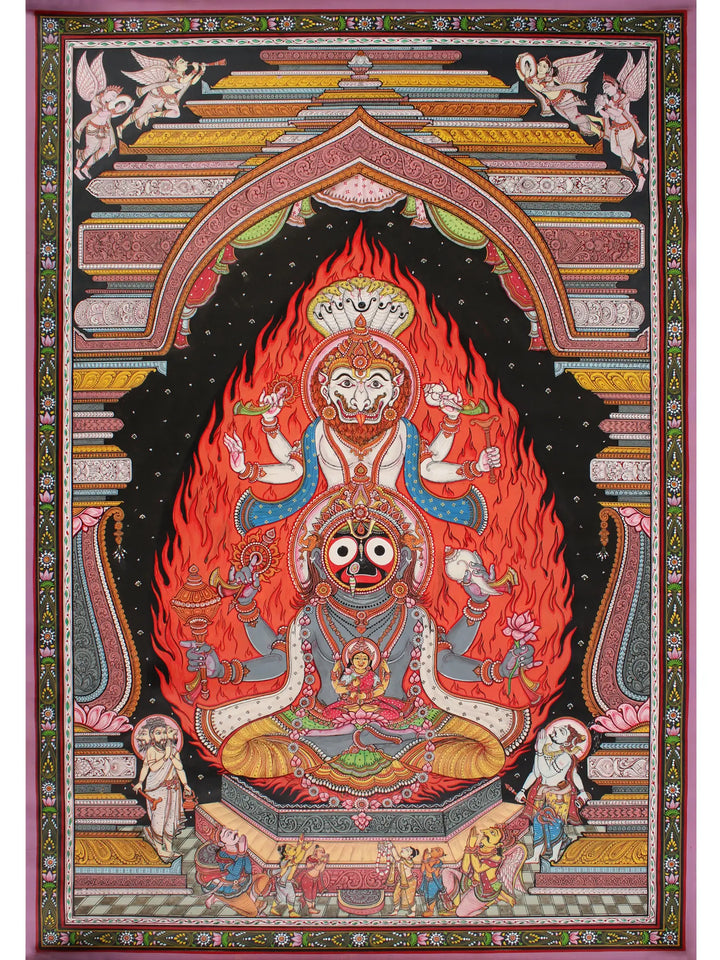 Superfine Gods Worshipping Jagannatha Narasimha Painting on Tussar Silk · view 1