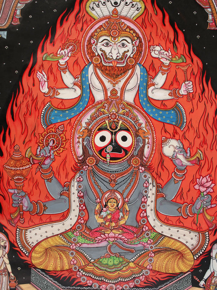 Superfine Gods Worshipping Jagannatha Narasimha Painting on Tussar Silk · view 2