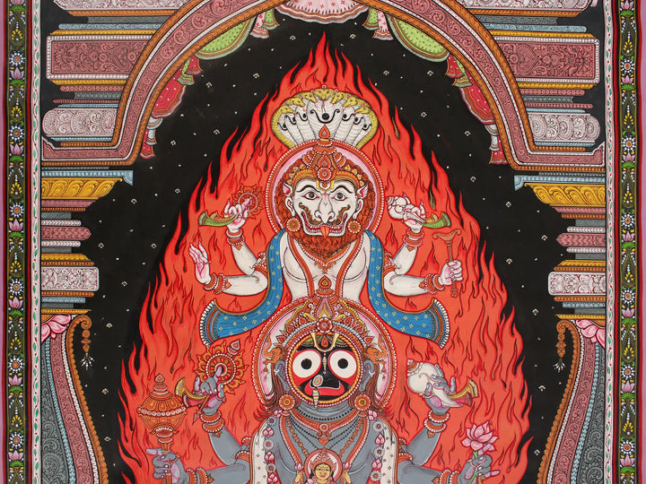 Superfine Gods Worshipping Jagannatha Narasimha Painting on Tussar Silk · view 4