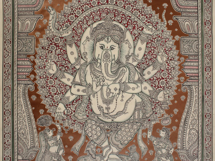 Superfine Apasara Worshipping Vinayaka (Ganesha) Painting on Tussar Silk · view 3