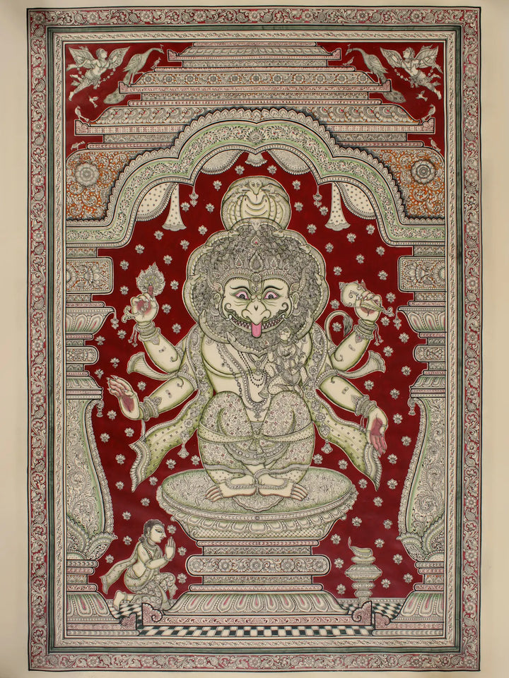 Superfine Furious Narasimha Seated Painting on Tussar Silk · view 1