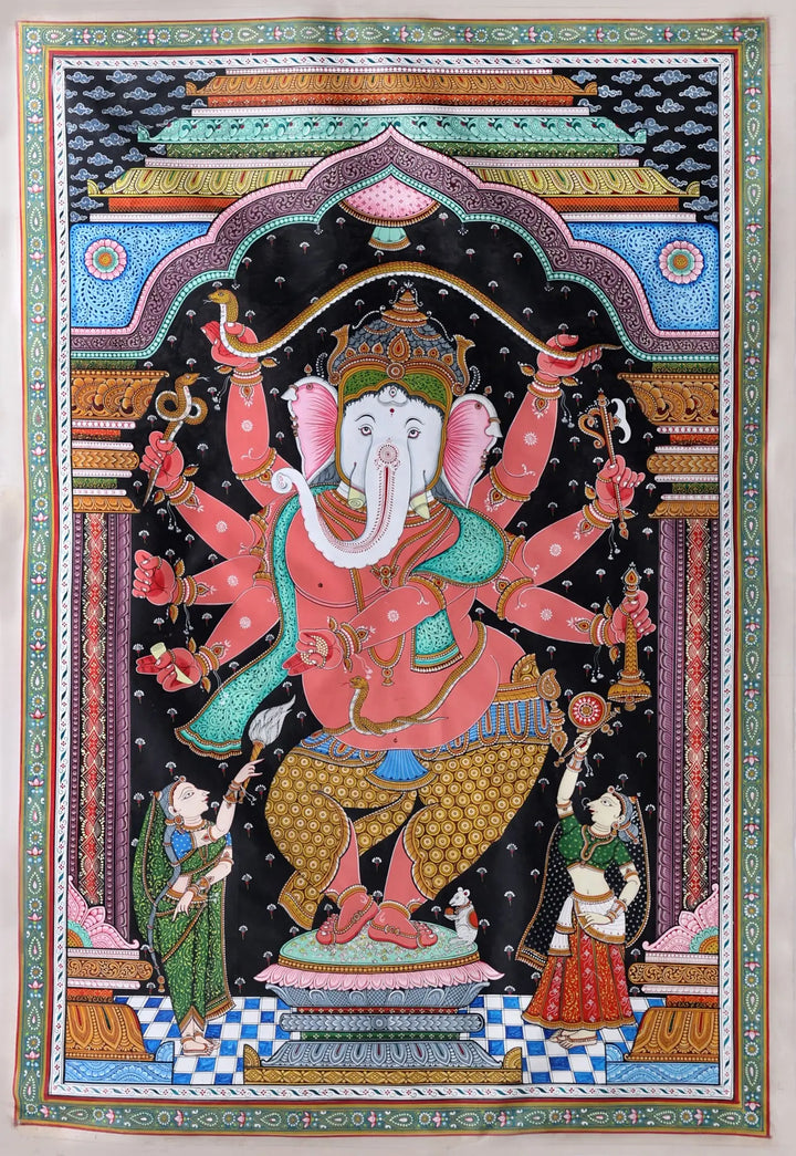 Super Lord Ganesha Stretching Serpent Making Canopy Painting on Tussar Silk · view 1