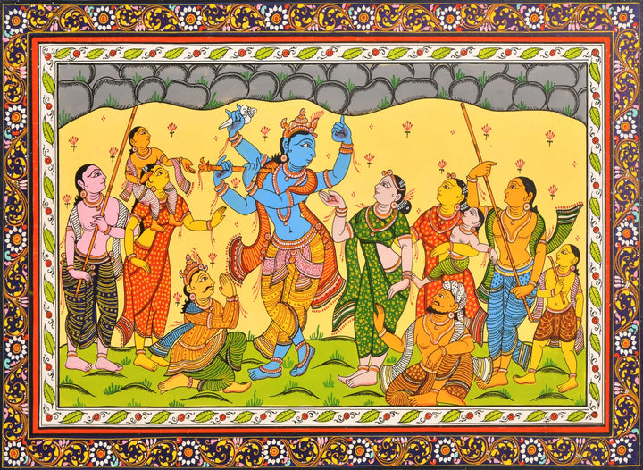 Shridama and Madhumangal Help Krishna Lift Mount Govardhana on Patti Folk from the Temple Town Puri (Orissa) Painting by Rabi Behra · view 1