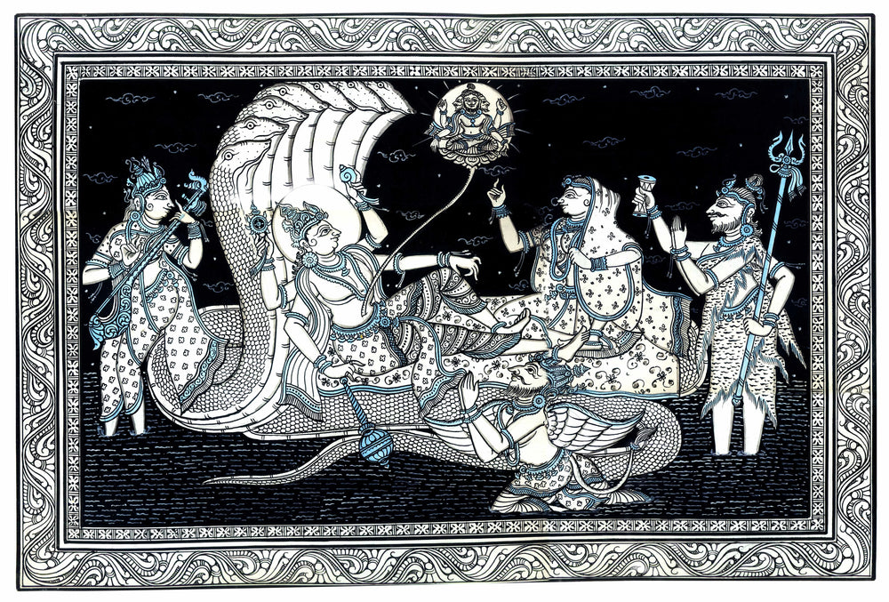 Lord Vishnu Laying on Sheshnaag While All Deities Worshipping