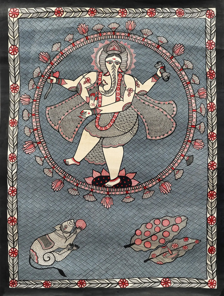 Dancing Ganesha in a Cosmic Lotus Aureole Madhubani Painting on Handmade Paper · view 1