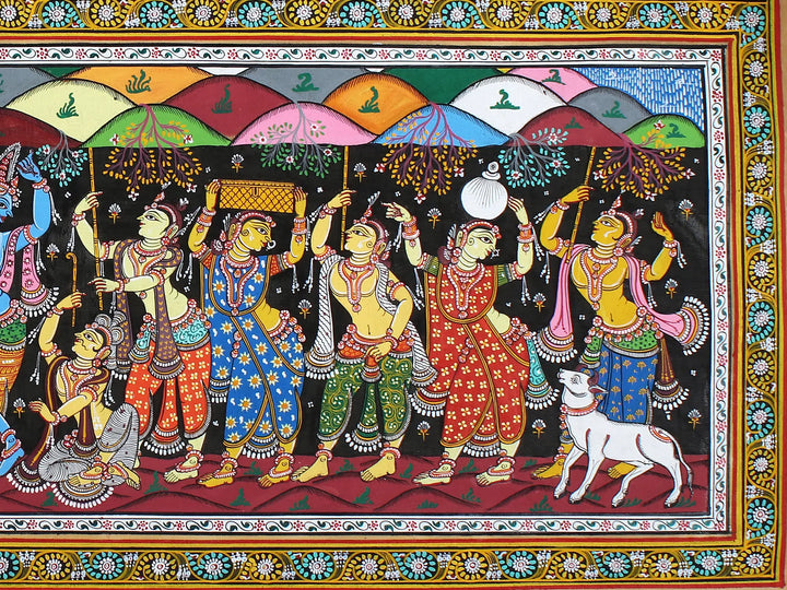 Lord Krishna Lifting Goverdhan Mountain Pattachitra Painting on Cloth by Rabi Behera · view 2