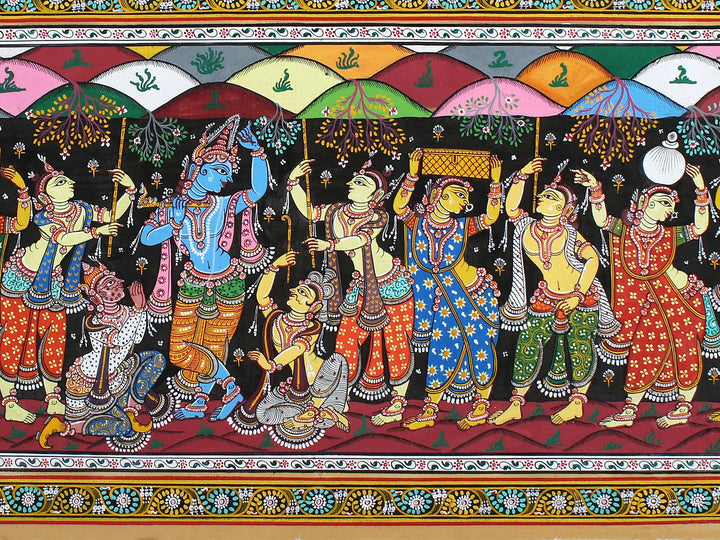 Lord Krishna Lifting Goverdhan Mountain Pattachitra Painting on Cloth by Rabi Behera · view 3