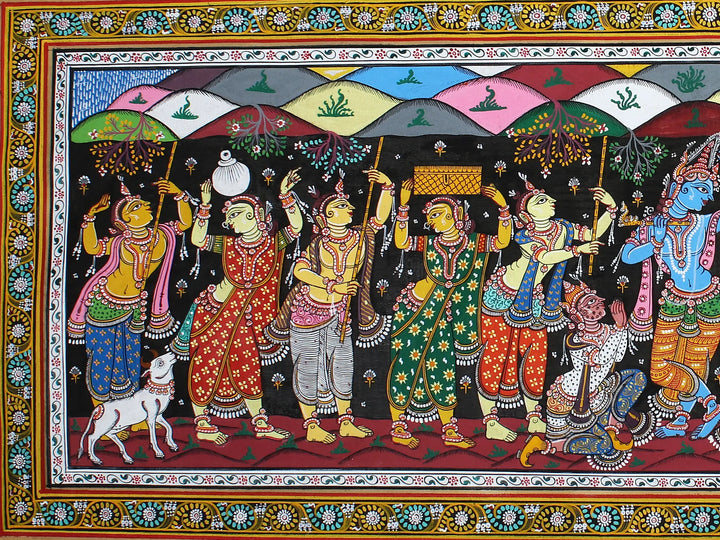 Lord Krishna Lifting Goverdhan Mountain Pattachitra Painting on Cloth by Rabi Behera · view 4