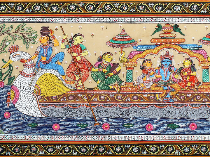 Lord Krishna with Rukmini and Satyabhama on Boat Pattachitra Painting on Cloth by Rabi Behera · view 3