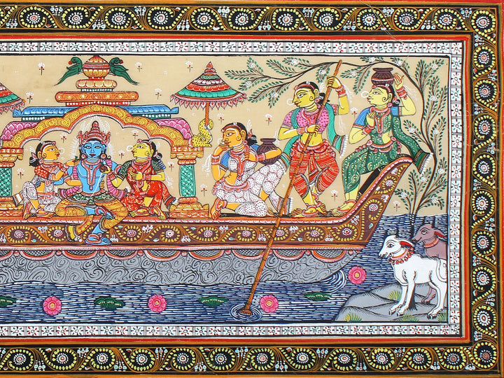 Lord Krishna with Rukmini and Satyabhama on Boat Pattachitra Painting on Cloth by Rabi Behera · view 4