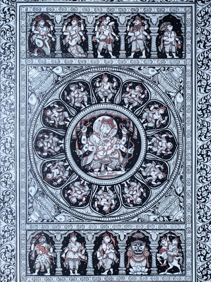 Lord Ganesha with Ten Incarnations of Lord Vishnu (Dashavatara) Pattachitra Painting on Cloth by Rabi Behera · view 2