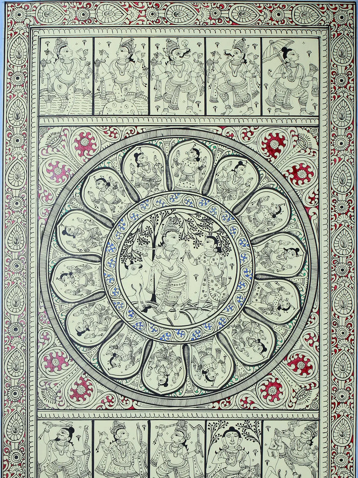 Radha Krishna at Center with Dashavatara of Lord Vishnu Pattachitra Painting on Cloth by Rabi Behera · view 2