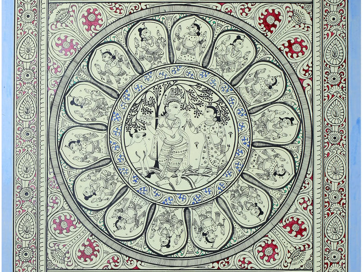 Radha Krishna at Center with Dashavatara of Lord Vishnu Pattachitra Painting on Cloth by Rabi Behera · view 4
