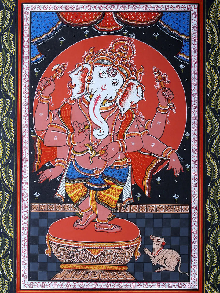 Standing Chaturbhuj Ganesha Pattachitra Painting on Cloth by Rabi Behera · view 2