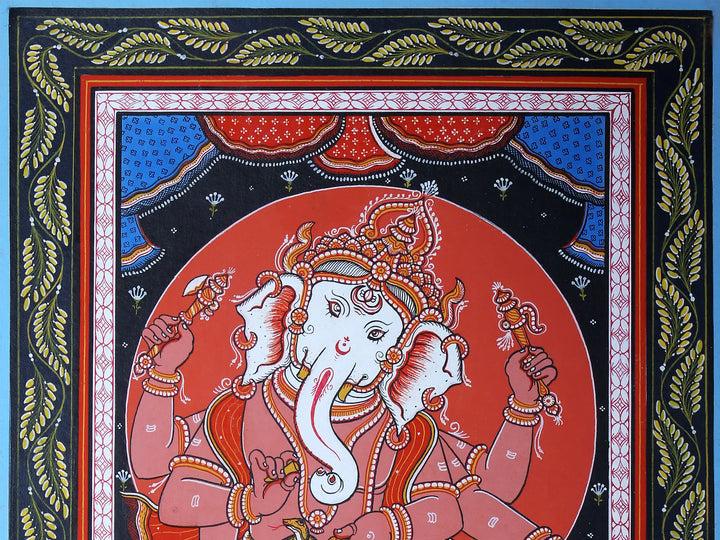 Standing Chaturbhuj Ganesha Pattachitra Painting on Cloth by Rabi Behera · view 3