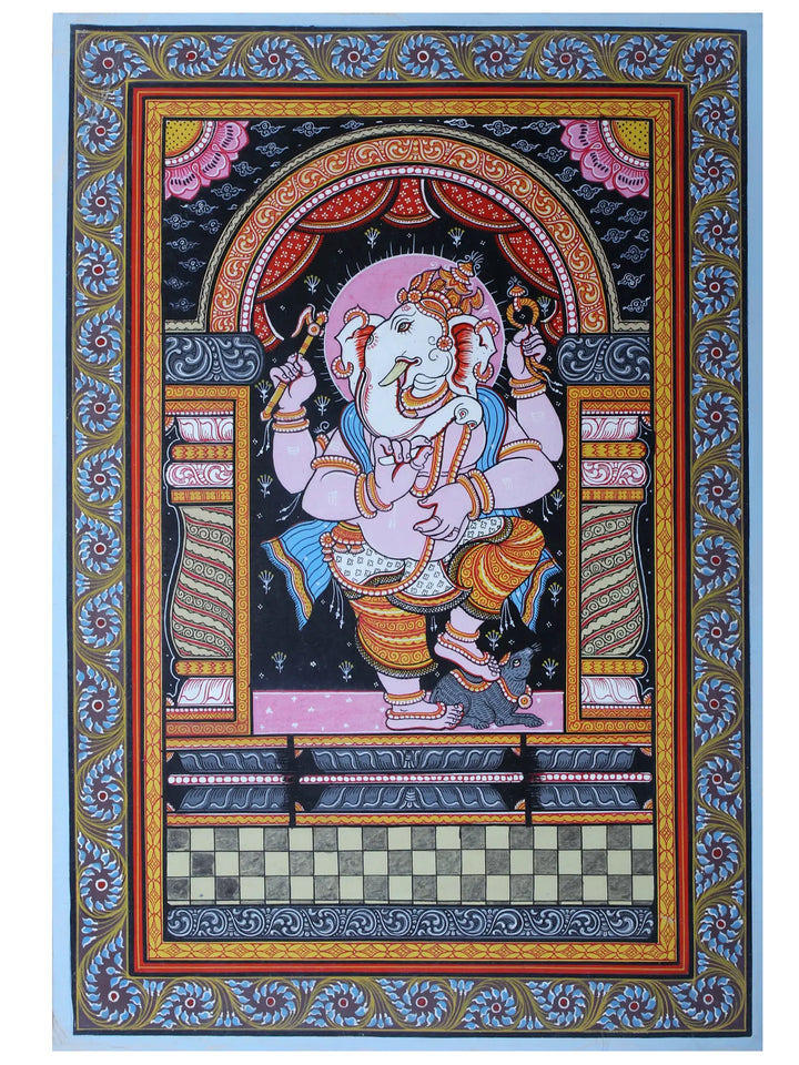 Lord Ganesha and His Rat Pattachitra Painting on Cloth by Rabi Behera · view 1