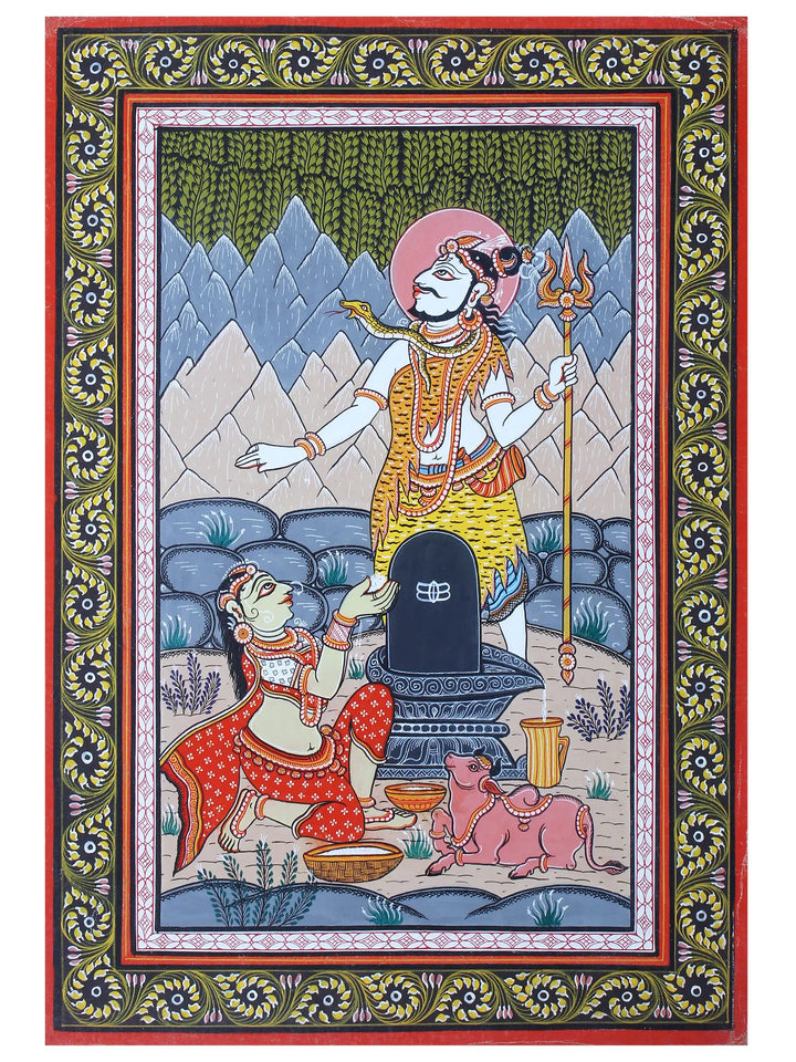 Goddess Parvati Worships the Shiva Linga Pattachitra Painting on Cloth by Rabi Behera · view 1