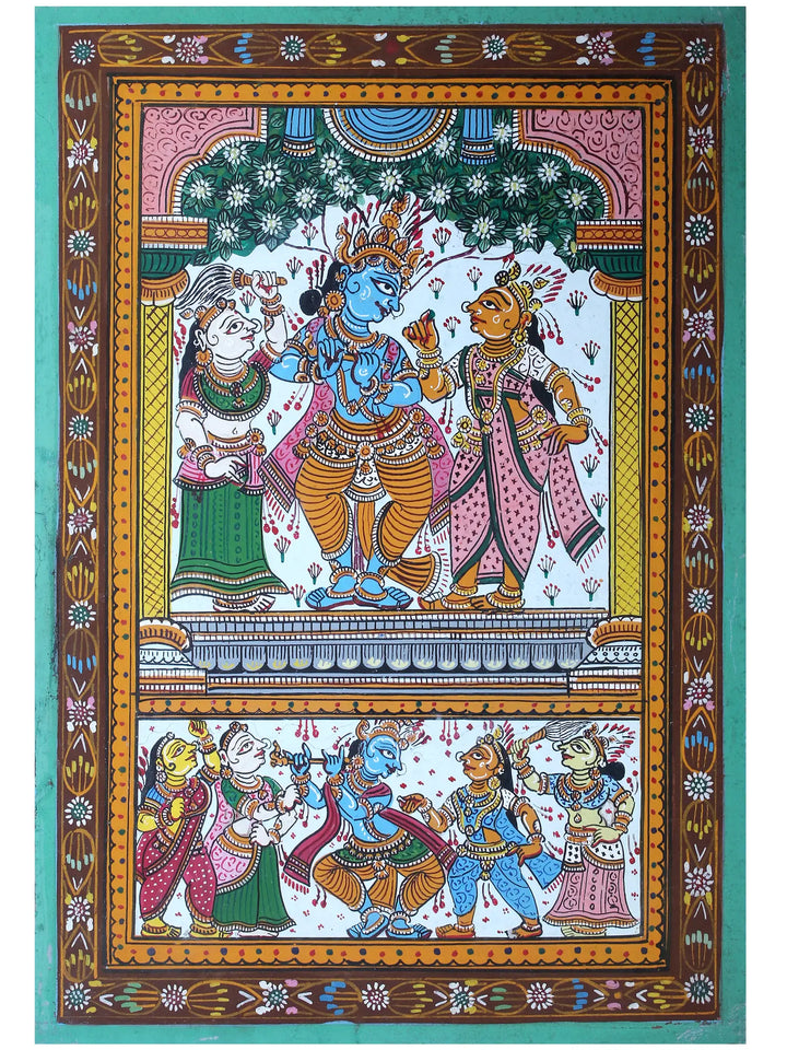 Lord Krishna with Rukmini and Satyabhama Pattachitra Painting on Cloth by Rabi Behera · view 1