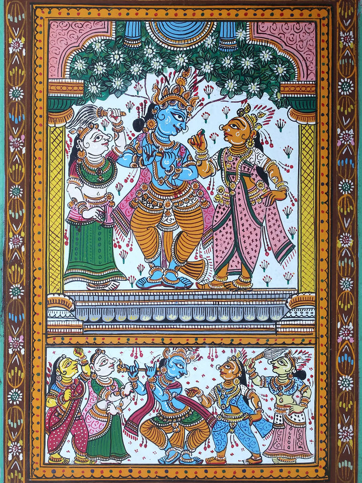 Lord Krishna with Rukmini and Satyabhama Pattachitra Painting on Cloth by Rabi Behera · view 2