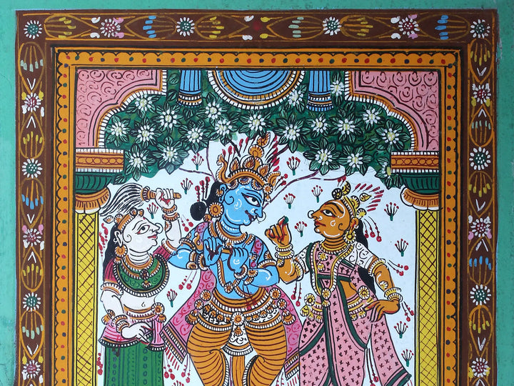 Lord Krishna with Rukmini and Satyabhama Pattachitra Painting on Cloth by Rabi Behera · view 3