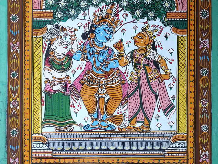 Lord Krishna with Rukmini and Satyabhama Pattachitra Painting on Cloth by Rabi Behera · view 4
