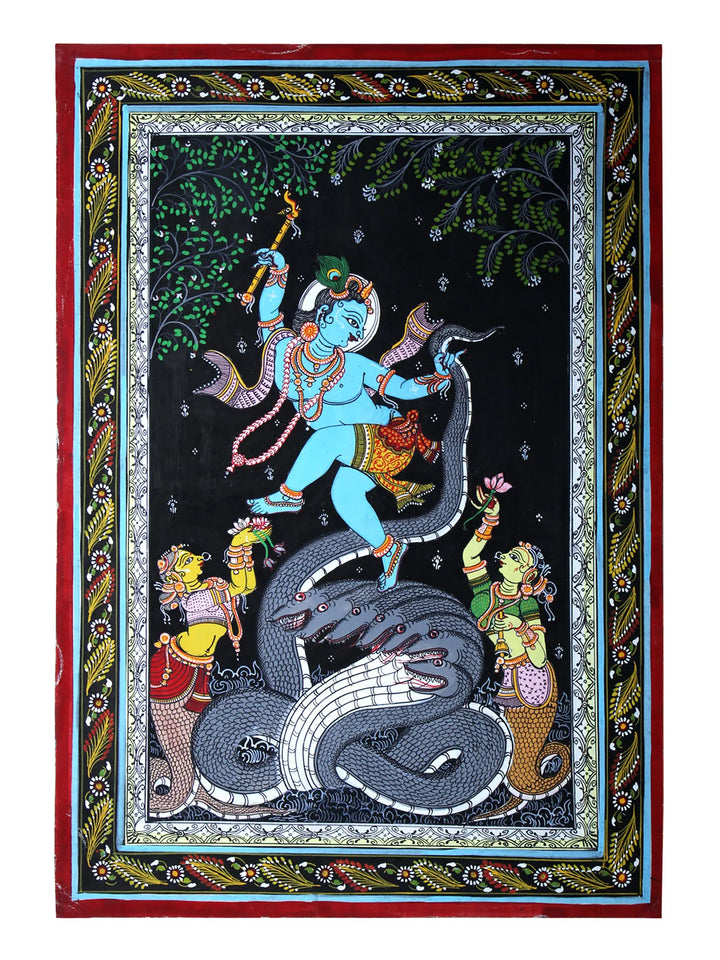 Lord Krishna Dancing on Serpent Kaliya Pattachitra Painting on Cloth by Rabi Behera · view 1