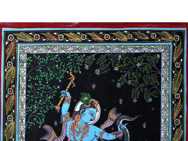 Lord Krishna Dancing on Serpent Kaliya Pattachitra Painting on Cloth by Rabi Behera · view 2