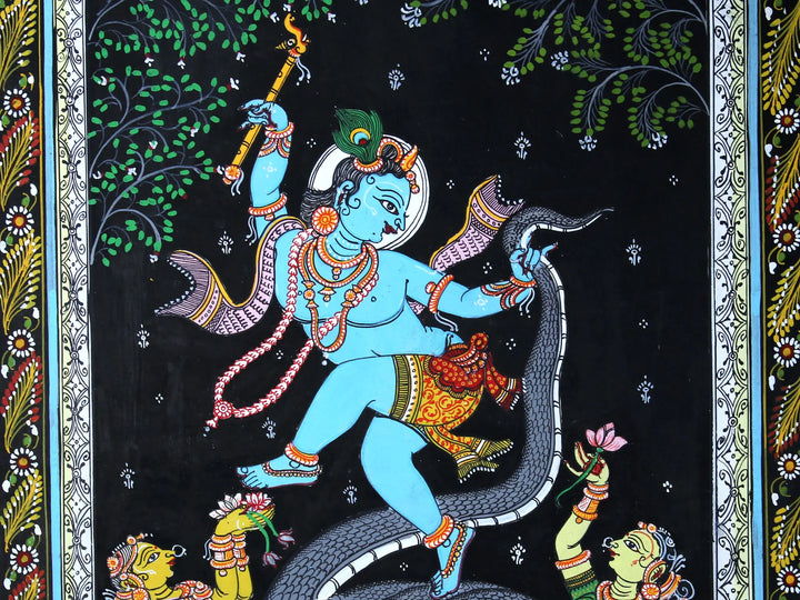 Lord Krishna Dancing on Serpent Kaliya Pattachitra Painting on Cloth by Rabi Behera · view 3