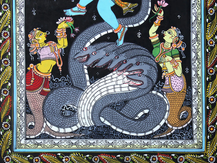 Lord Krishna Dancing on Serpent Kaliya Pattachitra Painting on Cloth by Rabi Behera · view 4