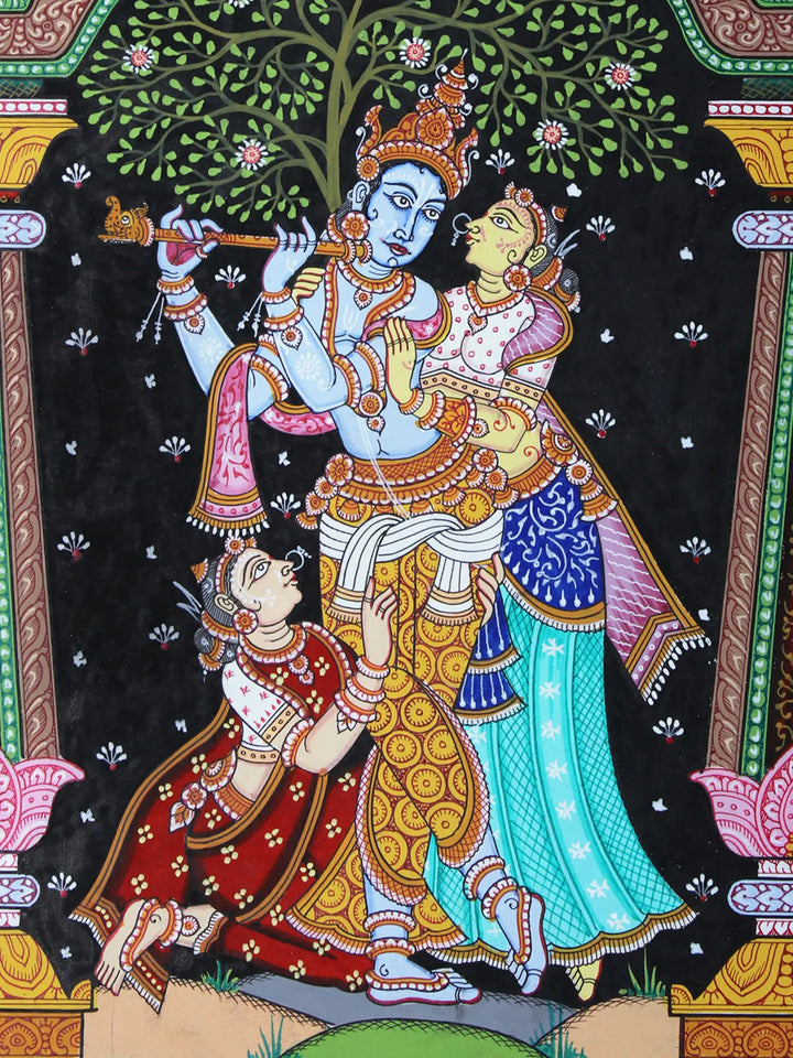 Lord Krishna with Rukmini and Satyabhama Pattachitra Painting on Cloth by Rabi Behera · view 2
