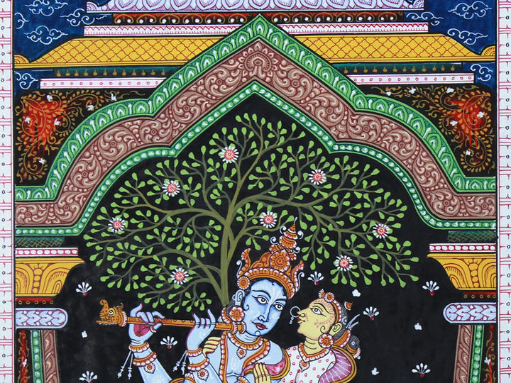 Lord Krishna with Rukmini and Satyabhama Pattachitra Painting on Cloth by Rabi Behera · view 3