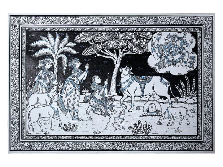 Cow Is Doing Abhisheka of Shiva Linga Pattachitra Painting on Cloth by Rabi Behera · view 1