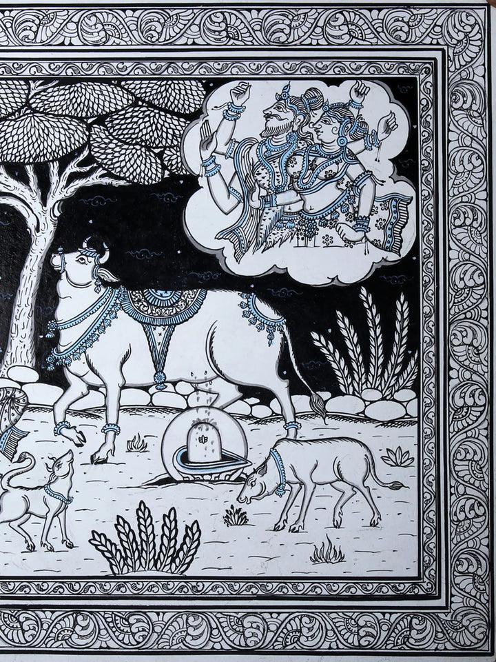 Cow Is Doing Abhisheka of Shiva Linga Pattachitra Painting on Cloth by Rabi Behera · view 4