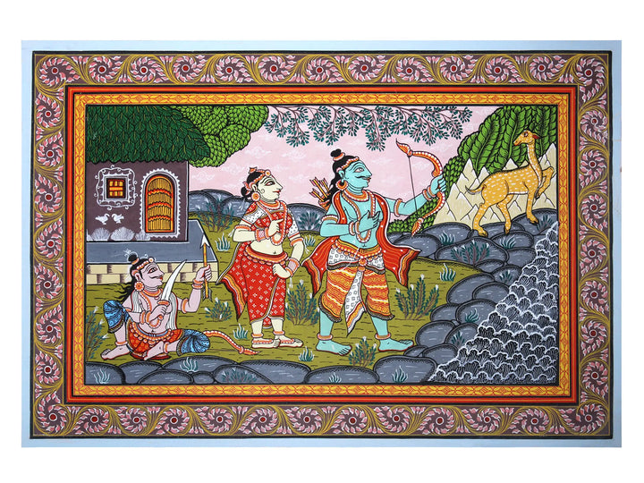 Goddess Sita Requesting Lord Rama to Catch Golden Deer Pattachitra Painting on Cloth by Rabi Behera · view 1