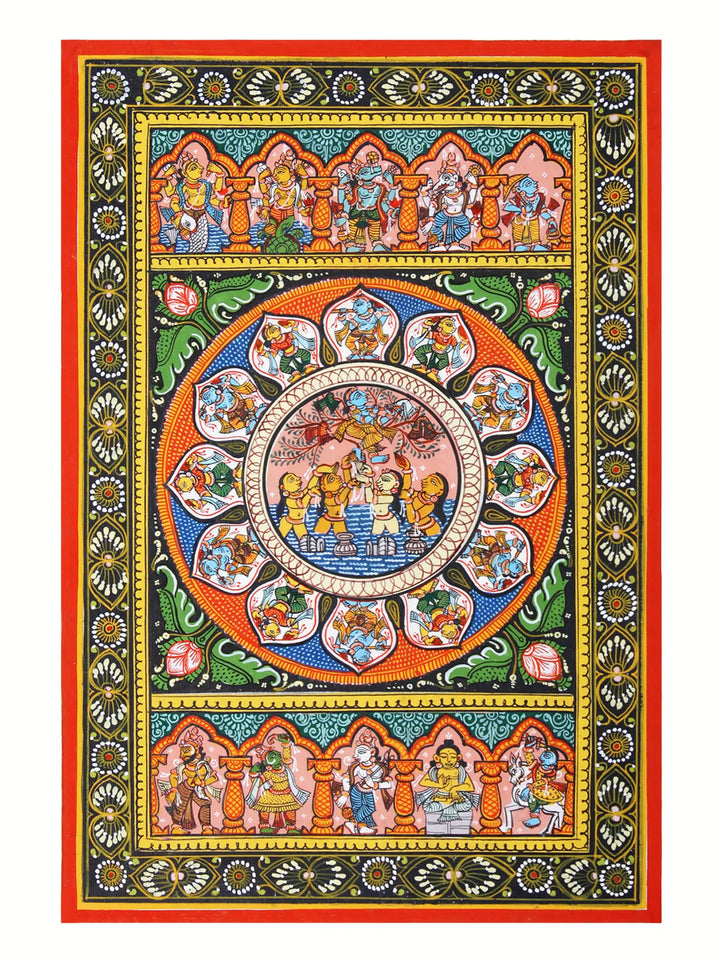 Lord Krishna Stealing the Clothes of Gopis with Dashavatara of Lord Vishnu Pattachitra Painting on Cloth by Rabi Behera · view 1