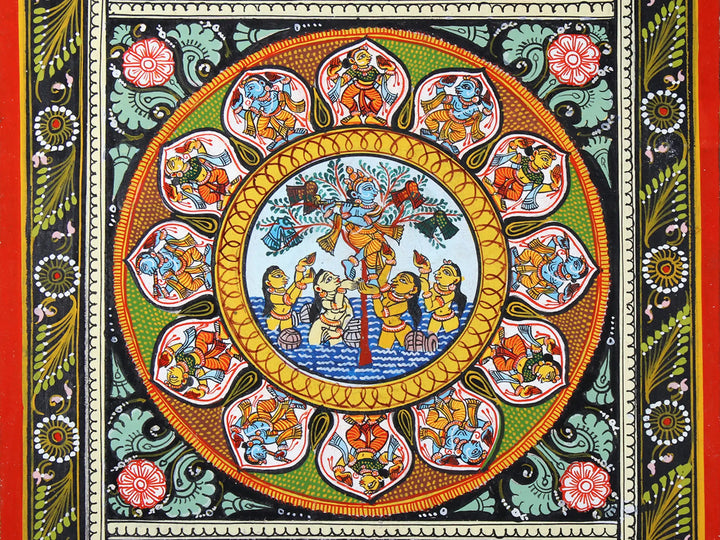 The Gopis Plead with Krishna to Return Their Clothing with Dashavatara of Lord Vishnu Pattachitra Painting on Cloth by Rabi Behera · view 3