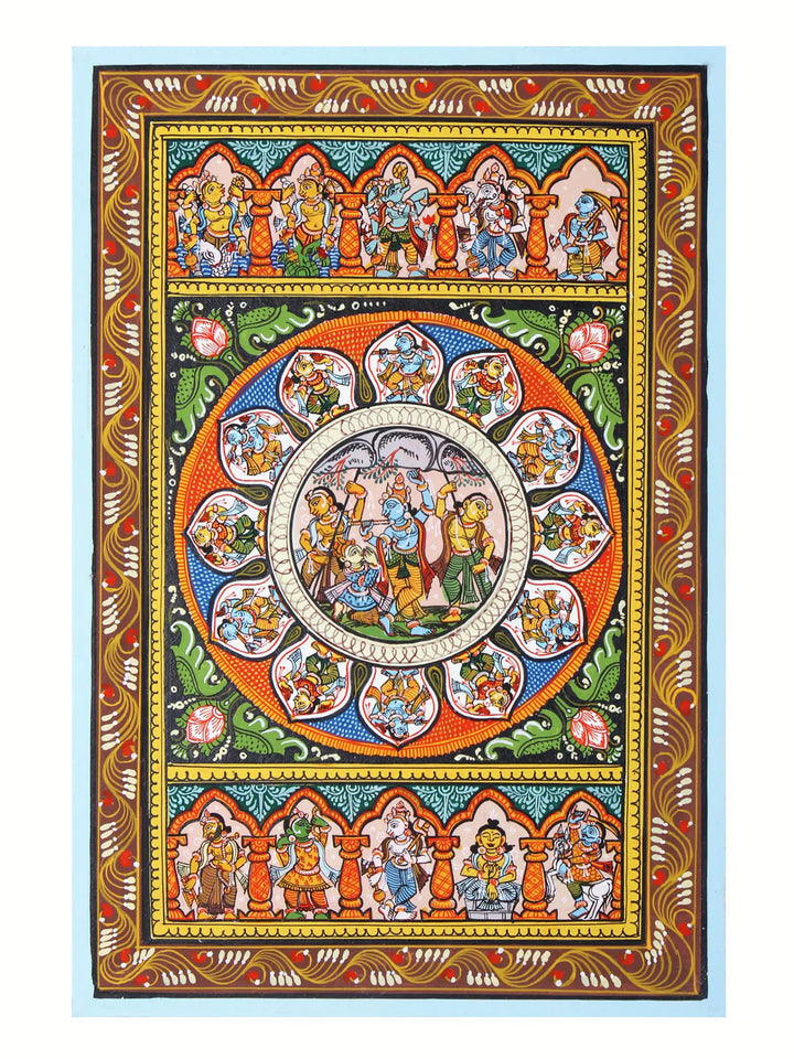 Lord Krishna Lifting Goverdhan Mountain with Dashavatara of Lord Vishnu Pattachitra Painting on Cloth by Rabi Behera · view 1