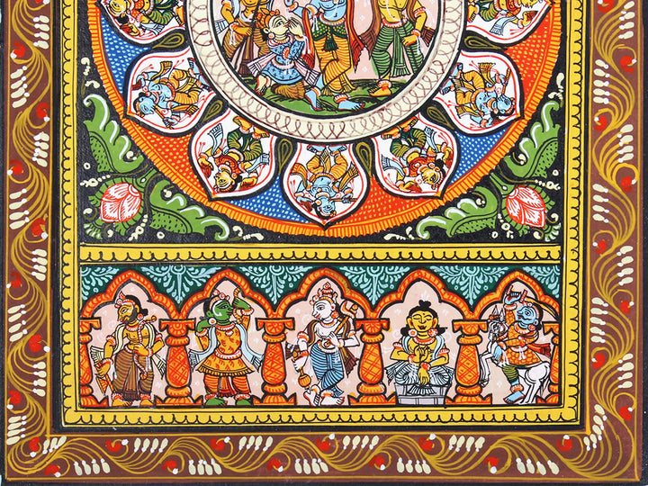 Lord Krishna Lifting Goverdhan Mountain with Dashavatara of Lord Vishnu Pattachitra Painting on Cloth by Rabi Behera · view 4