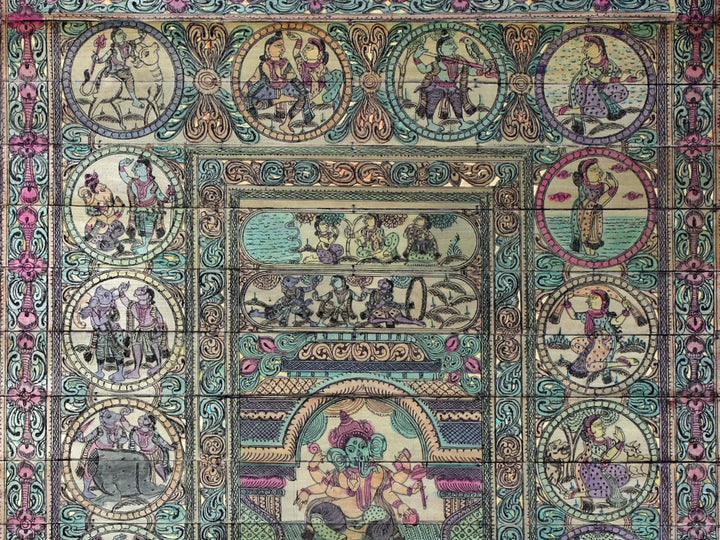Six Armed Lord Ganesha at Center and His Life Story Pattachitra Painting on Cloth by Rabi Behera · view 2